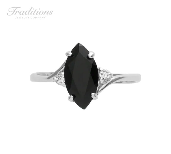 Sterling Silver Marquis cut genuine Onyx with Cubic zirconia accents