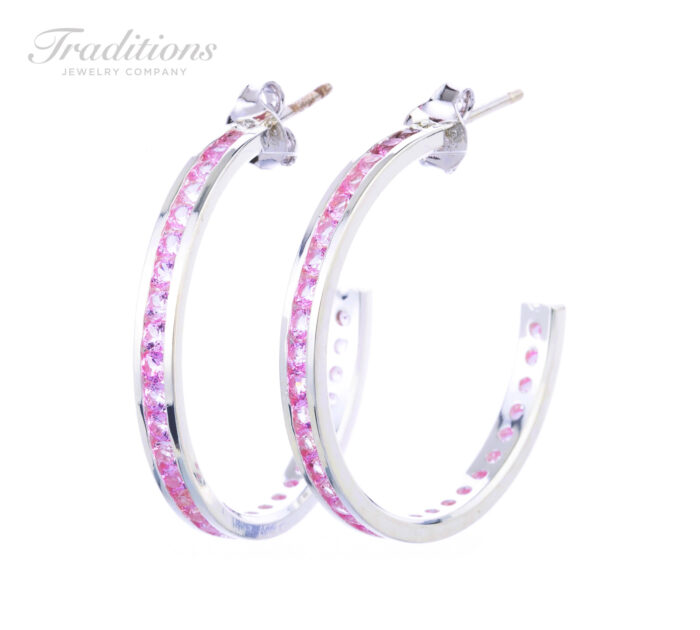 Semi Precious 1 Inch Sterling Silver channel-set Pink Tourmaline October Birthstone hoop earring